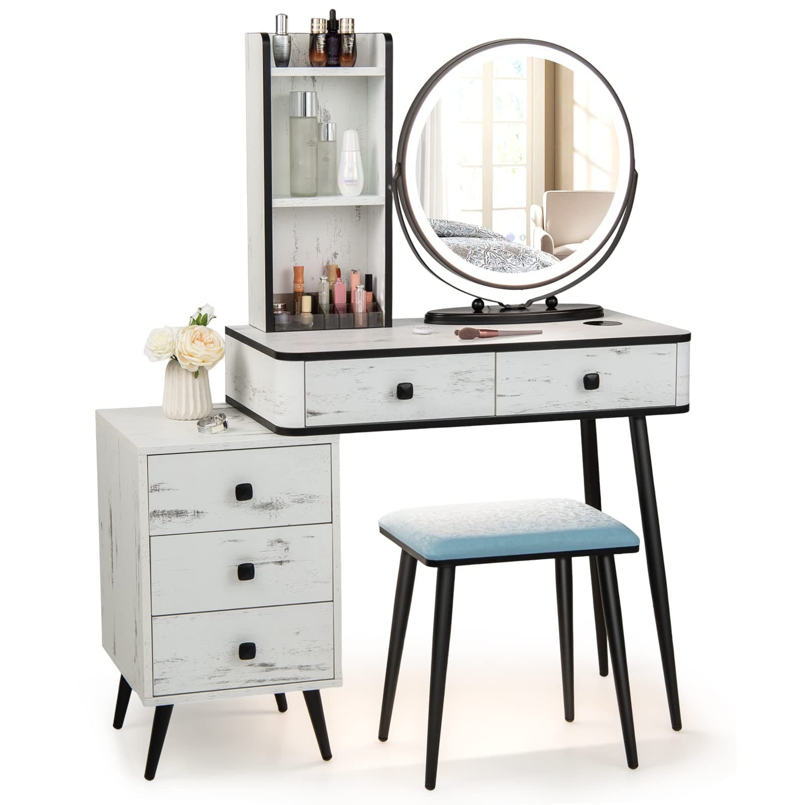 COSTWAY Dressing Table and Stool Set 3-Color LED Lights Mirror, Drawers, Shelves & Charging Station, Makeup Vanity Set, Bedroom Cosmetics Dresser Gift (White, Round Mirror), 80 x 40 x 130cm