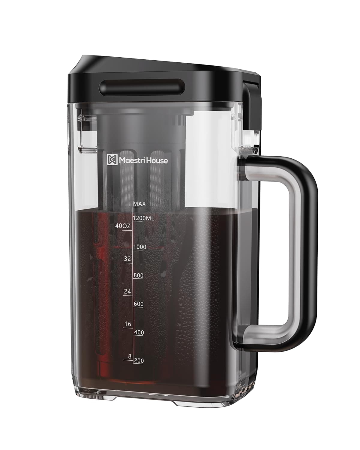 Maestri House Cold Brew Coffee Maker, 1.2L Iced Tea and Coffee Maker Brewer Space Saving Tritan Pitcher, 350 Mesh Filter, 100% Leak-Proof，Measuring (Black)