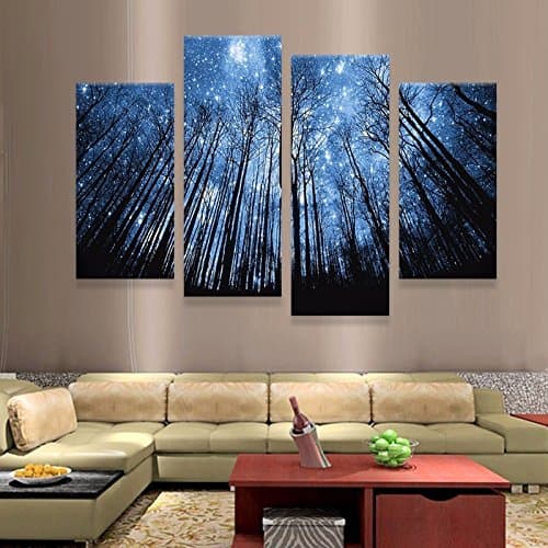 Unframed 4 Panels Star Night Tall Tree Wall Art Modern Canvas Painting Prints for Living Room Decor