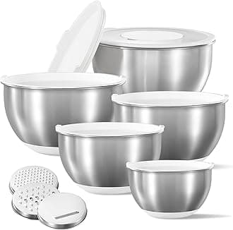 Stainless Steel Mixing Bowls with Lids Set,12 Pcs Nesting Bowls Clear Airtight Lids 3 Grater Attachments,Non-Slip Bottoms & Measurement Marks Mixing Bowls,Size 5,3,2,1.5,1QT