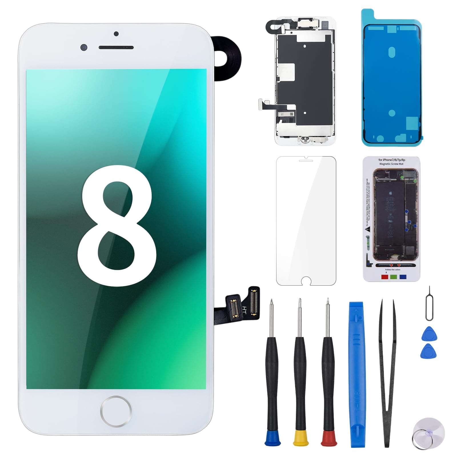 for iPhone 8 Screen Replacement with Home Button 4.7" White LCD Display for iPhone SE 2nd 2020 3D Touch Digitizer Full Assembly Repair Kit Front Camera Speaker Fix Tools A1863 A1905 A1906