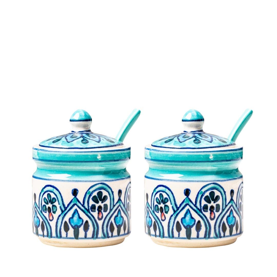 HS HINDUSTANI SAUDAGAR Mughal Mist Ceramic Pickle Jar Set Of 2(300 ml Each) Multipurpose Container Salt Sugar Spices Ceramic Jar with Lid Chutney Jar Dining Table Ideal For kitchen storage Gifting