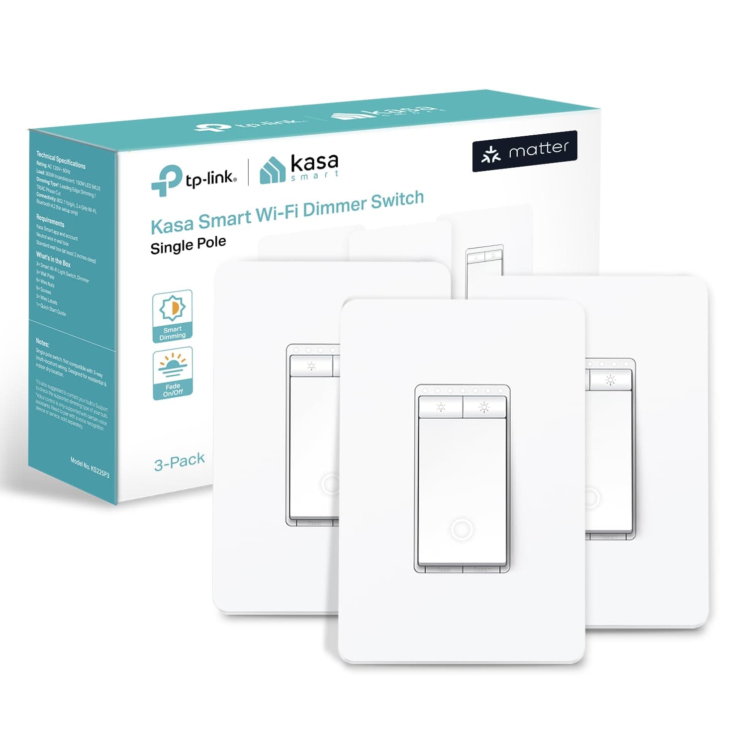 - Kasa Smart Kasa Matter Smart Dimmer Switch: Voice Control w/Siri, Alexa & Google Assistant,UL Certified, Timer & Schedule, Easy Guided Install,Neutral Wire Required, Single Pole, 2.4GHz Wi-Fi, 3-Pack