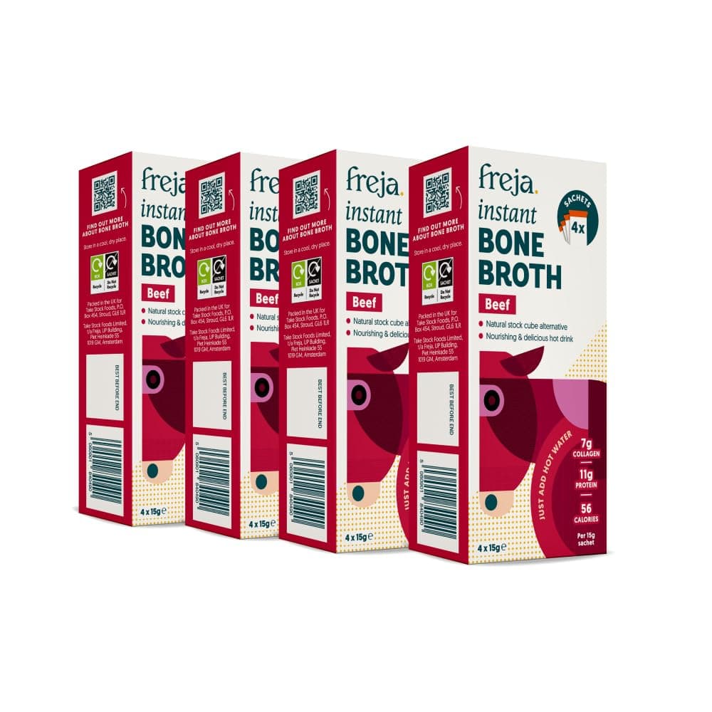 Instant Beef Bone Broth | Beef | 100% Natural | Rich in Collagen, Protein & Amino Acids | Dairy & Gluten Free, 4 boxes (4 x 15g Sachets Per Box)
