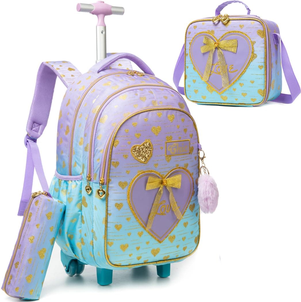 MeetbelifyGirls Rolling Backpack Kids Backpacks with Wheels for Elementary Students Carry on Backpack with Lunch Box Travel Suitcase Trip Luggage for Girls Ages 6-8