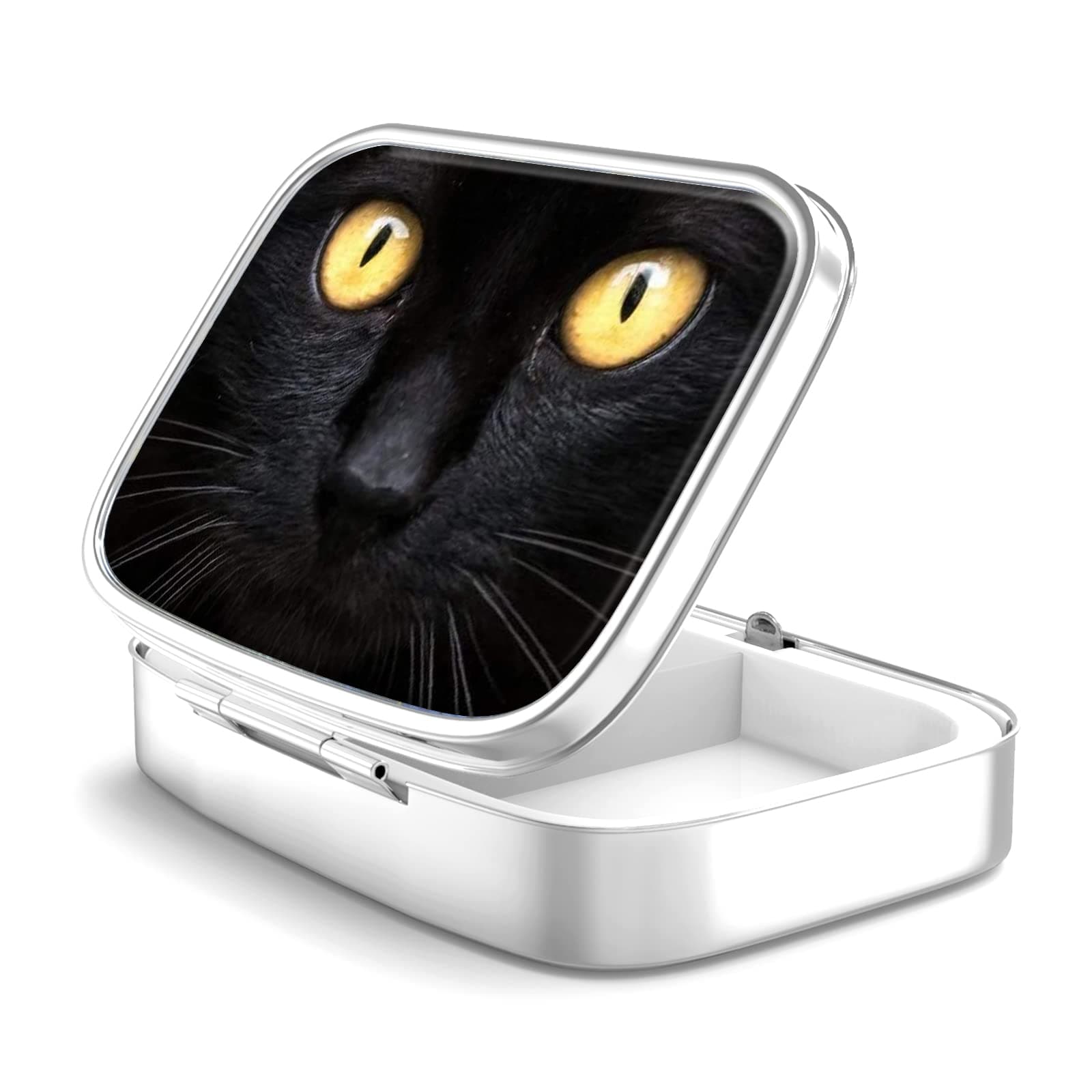 Pill Box 2 Compartment Medicine Pill Case Pocket or Purse Metal Medicine Vitamin Organizer Unique Gift (34-Black Cat)
