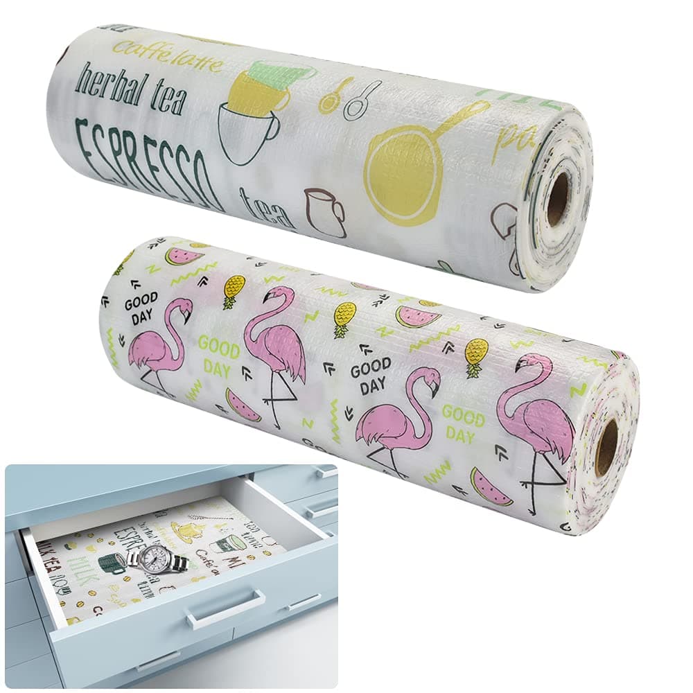 DECARETADrawer Liner 2 Roll Shelf Drawer Liners Cupboard Liners Kitchen Cabinet Liners,Non-Slip Waterproof Kitchen Shelf Lining Paper Shelf Paper Protector for Drawer Table Kitchen Cabinets Pantry