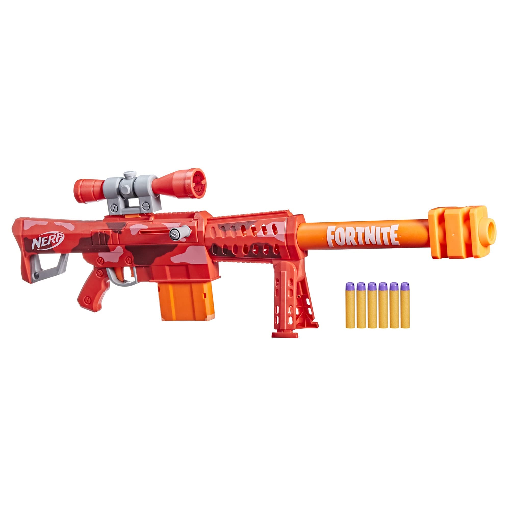 Nerf Fortnite Heavy SR Blaster Scope; Big Blaster; 6 Mega Darts; 6-Dart Clip; Kids Toy Foam Blasters; Fortnite Toys for Boys and Girls