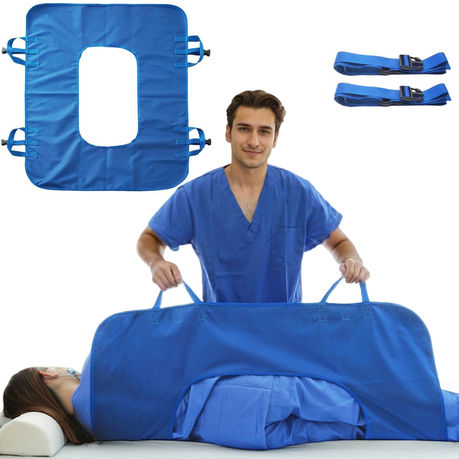 Positioning Bed Pad with Reinforced Handles, 43" x 32" Multipurpose Transfer Sheet for Turning, Lifting & Repositioning, Bed Pads for Elderly, Patient -Reusable, Washable (Blue, for Home & Hospital)