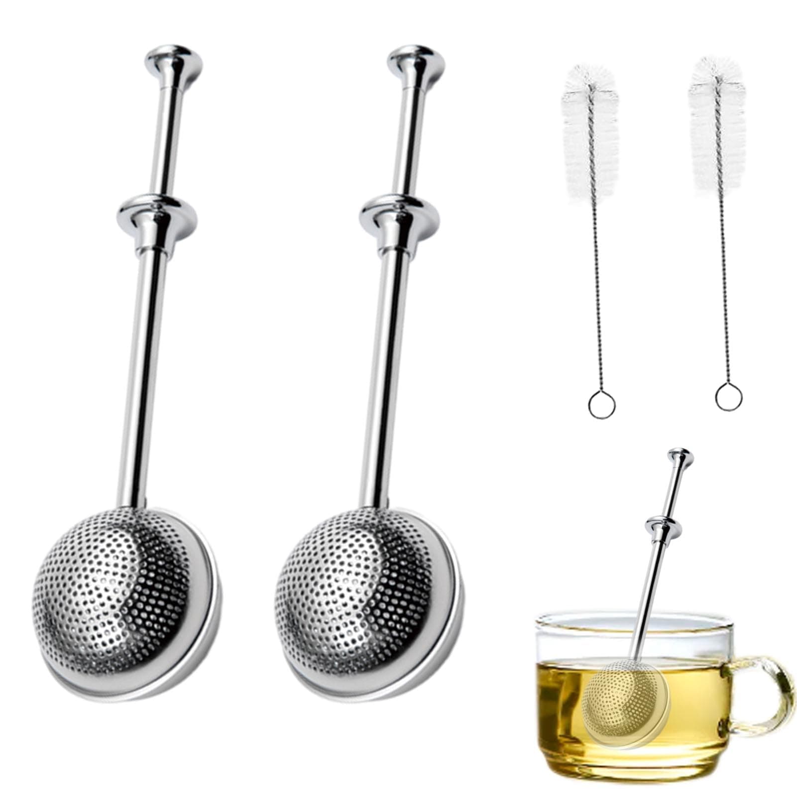 ANAJOY 2 pcs Long Handle Tea Ball with Straw Brushes, Stainless Steel Ball-Shaped Tea Infuser Filter for Loose Leaf Tea, Reusable Fine Mesh Tea Interval Diffuser Strainer for Tea Cup(Silver)
