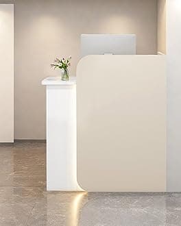 Reception Desk Office Checkout Counter, Modern Front Desk Reception Counter Desk with Lockable Drawer Simple Retail Counter for Retail, Lobby, Beauty Salon Clothing Store(Warm+White,55" Lx18 Wx39 H)