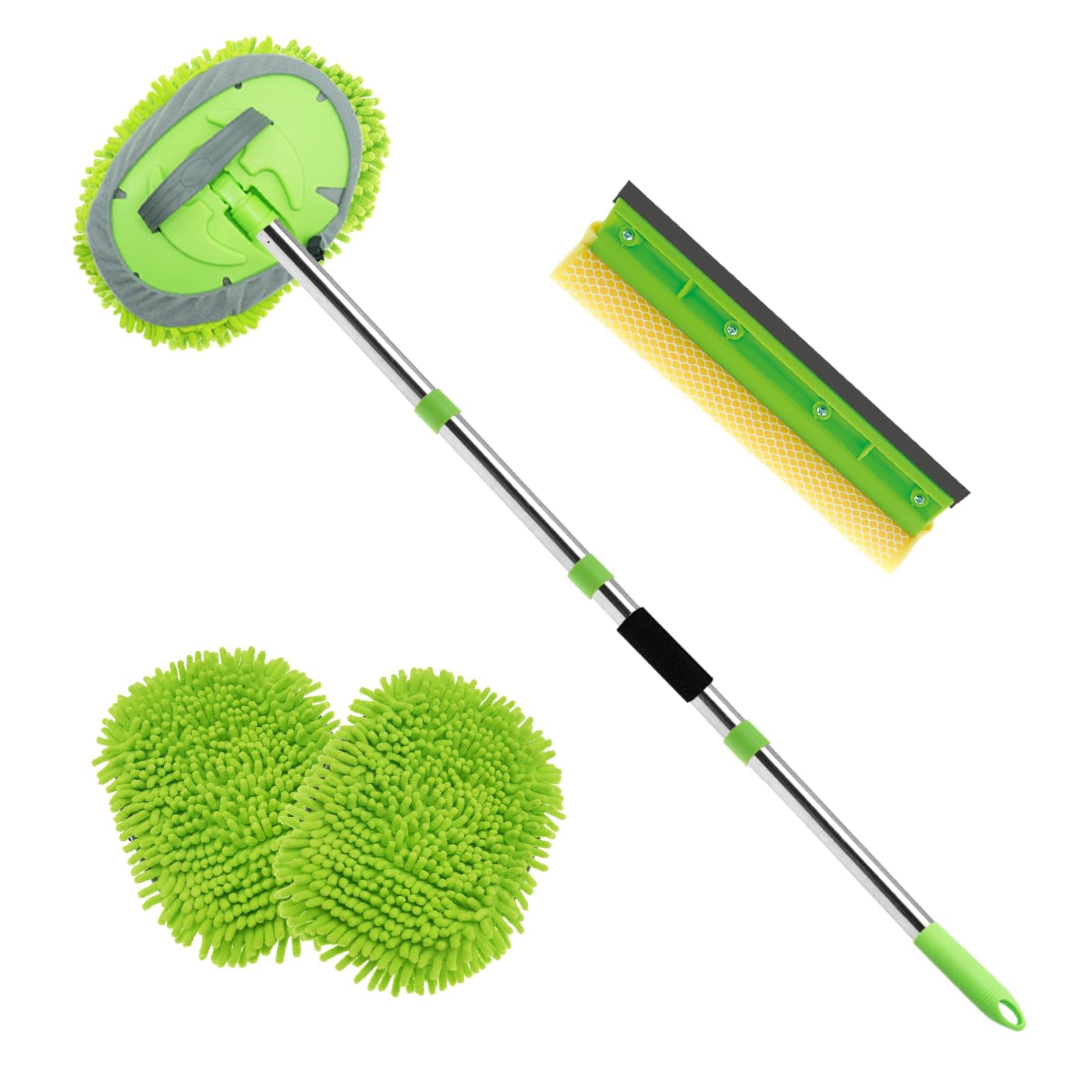 62" Car Wash Brush Kit Mitt Mop Sponge with Long Handle Chenille Microfiber Car Cleaning Brush Kit Windshield Window Squeegee Car Care Kit of Scratch-Free Replacement Head for Car RV Truck
