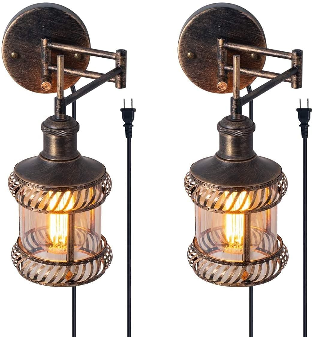 Yisuro Wall Sconce Plug in, Swing Arm Wall Lights, 2-in-1 Antique Bronze Vintage Wall Lamp Set of 2, Industrial Plug in Wall Light, ON/Off Switch for Bedside Bedroom Home Dining Room