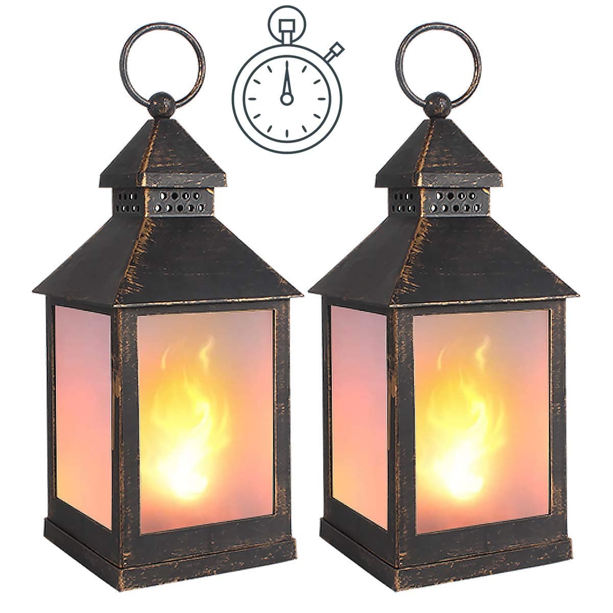 Decorative Lanterns,Flickering Flame Effect Hanging LED Lantern with 6 Hours Timer,Black Brown Vintage Style Battery Operated Lanterns for Outdoor & Indoor,Wall,Table,Patio,Porch,Party,Garden,2 Pack