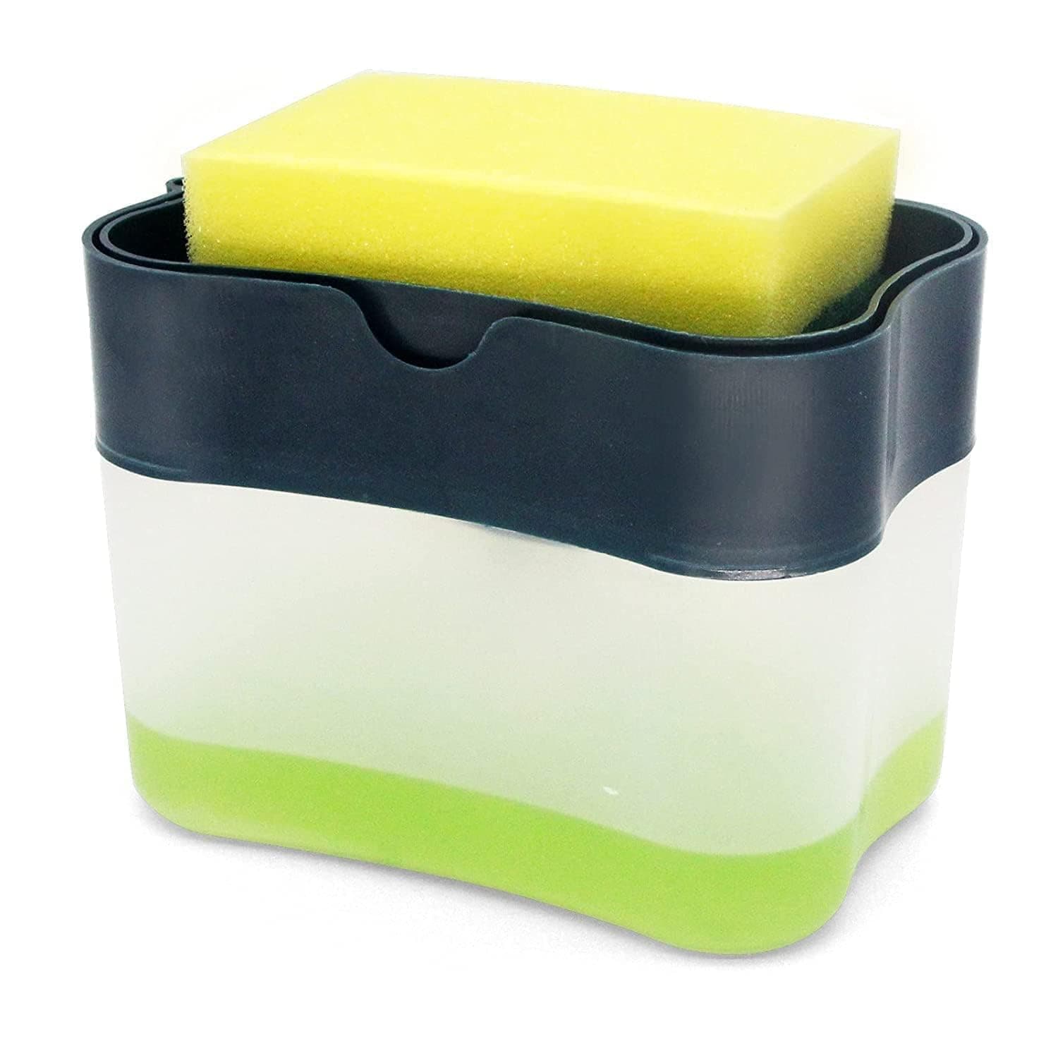 2 In 1 Sponge Rack Shelf Soap Detergent Dispenser Pump, Large Capacity With Sponge, 1 Hand Operation