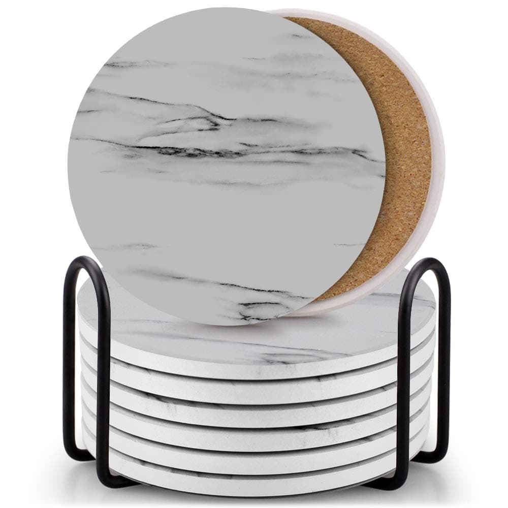Set of 8 Coasters for Drinks,EAGMAK Absorbent Marble Style Ceramic Drink Coaster with Holder for Coffee Wooden Table Home Decor(Grey)