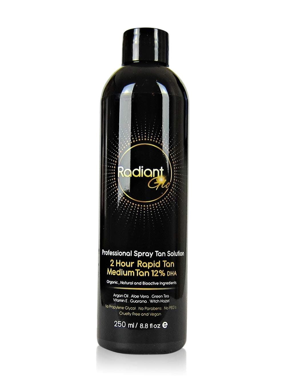 Spray Tan Solution - 2 Hour Rapid Tan - Natural - Organic - Vegan - 12% Medium (adjustable shades) 250ml (up to 5 tans) NO nasty ingredients - Made in Australia exclusively for Radiant Glo.