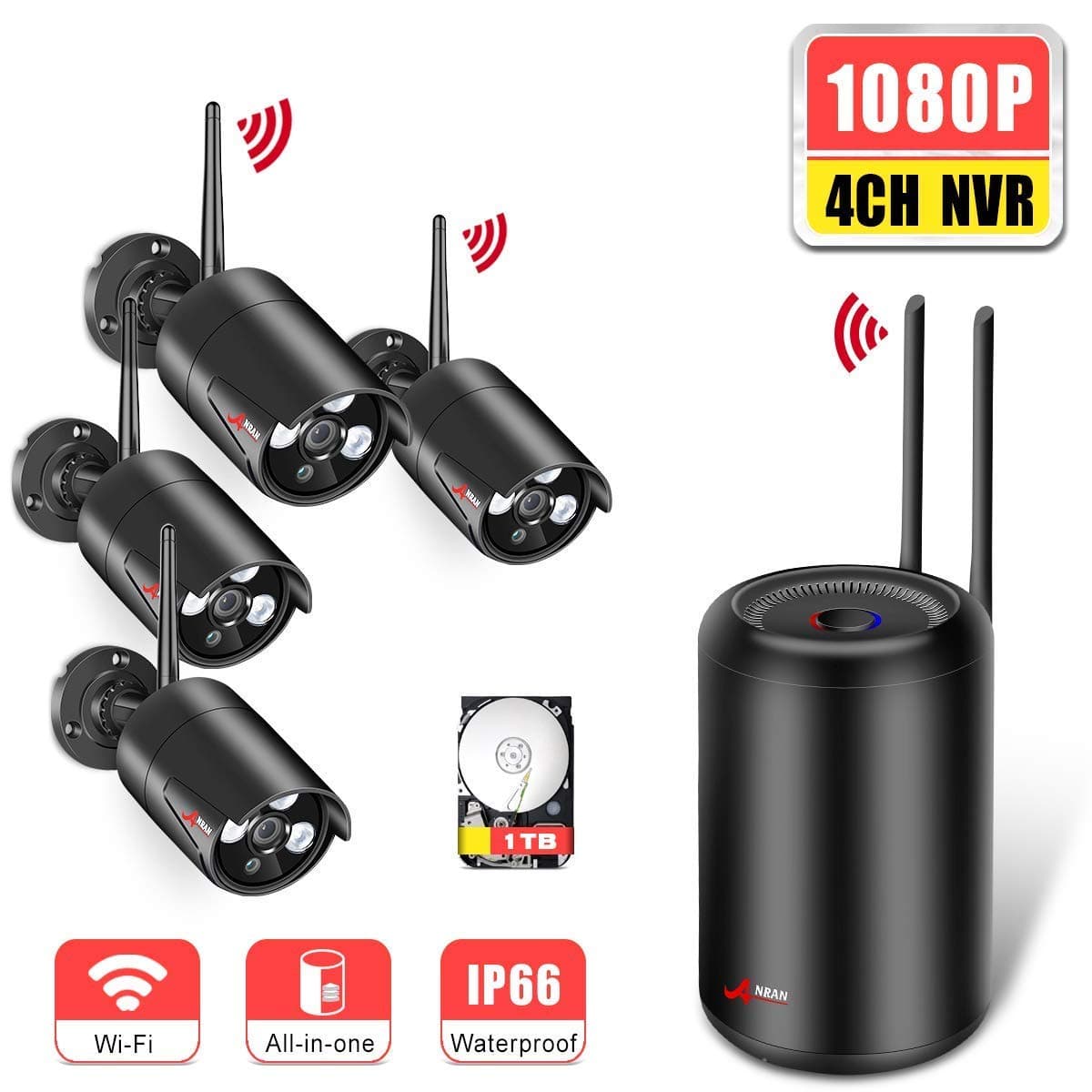 【2019 NEW Cylindrical NVR】Wireless CCTV Camera System, 1080P 4CH Wireless Security Camera System with 1TB Hard Drive, 4pcs 2.0 MP Indoor/Outdoor IP Cameras, 75ft Night Vision, P2P, Free APP ANRAN