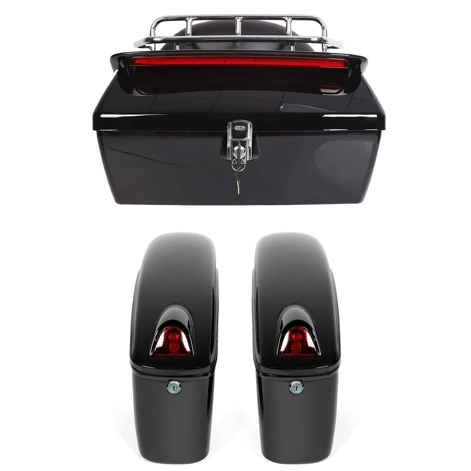ECOTRIC Black Universal Hard Saddle Bag Trunk Tail Box w/Top Rack & Backrest & Tail Light Compatible with Yamaha Cruiser
