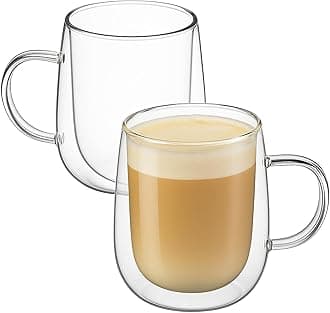 Glass Coffee Cups Set of 2, 13oz Double Walled Glass Mugs with Handles, Clear Insulated Coffee Mug Espresso Cups, Cappuccino Latte Tea Cups Set, Heat Resistant Borosilicate Clear Glasses