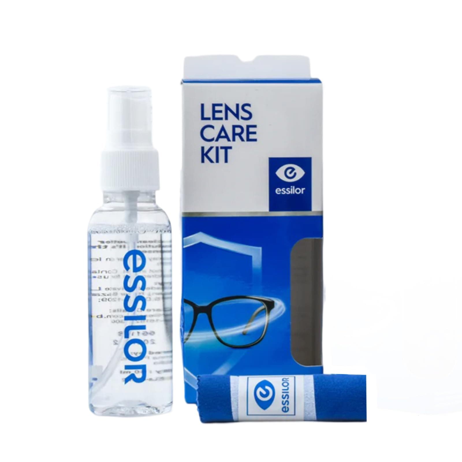Essilor Lens Care Kit for Eyeglasses: Complete Kit with Microfibre Cloth, Cleaning Solution, and Carrying Case - White, Light-colored