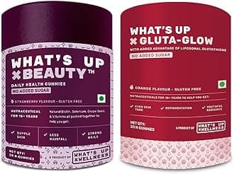 What’s Up Wellness Beauty & Gluta-Glow Combo. Biotin for Strong Hair + Glutathione for Bright Skin & Alpha Lipoic Acid for Wrinkle-Free Skin. Anti-Ageing Combo Pack. 30 Days Serving.