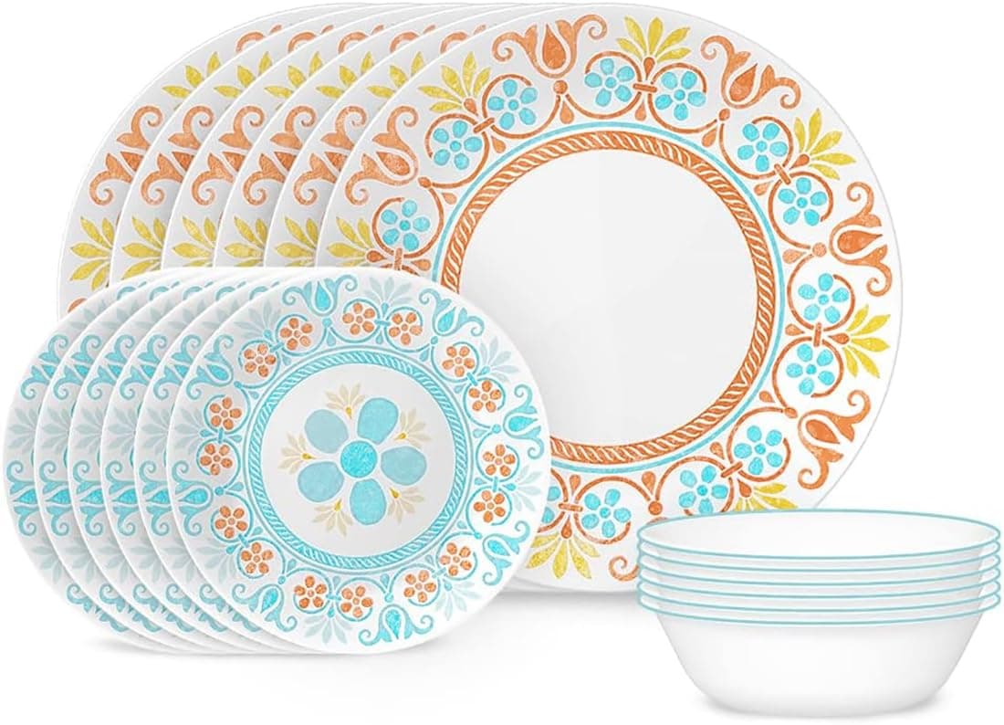 Corelle Terracotta Dreams Dinnerware Set for 6 18 Pieces Dinner Plates, Appetizer Plates, and 18 Oz Bowls Dishwasher, Microwave, and Freezer Safe Proudly Made in the USA