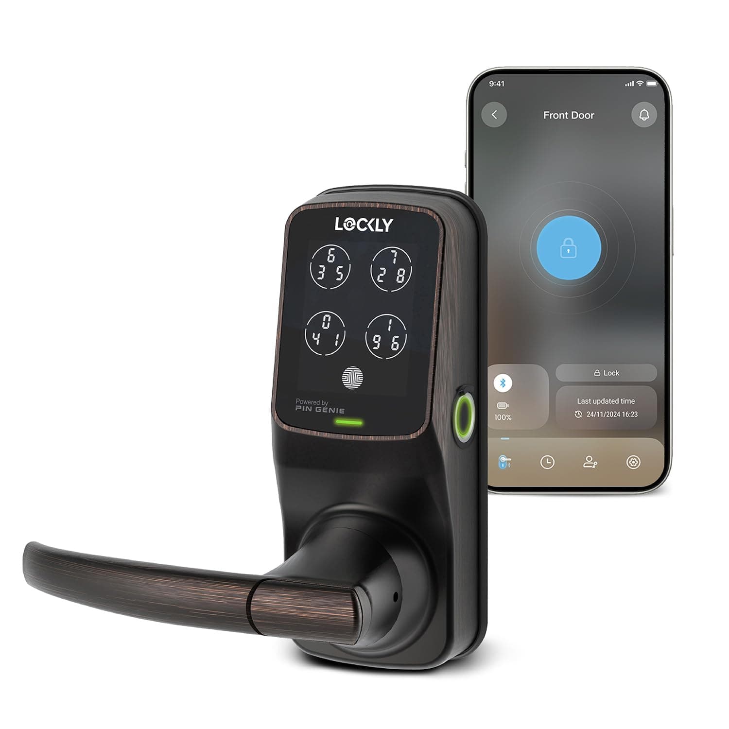 - Lockly Secure Plus Bluetooth Smart Door Lock, Keyless Entry with PIN Genie® Digital Keypad, 3D Biometric Fingerprint Sensor Front Door Lock with Handle, Voice Control & Auto Lock - Latch Edition