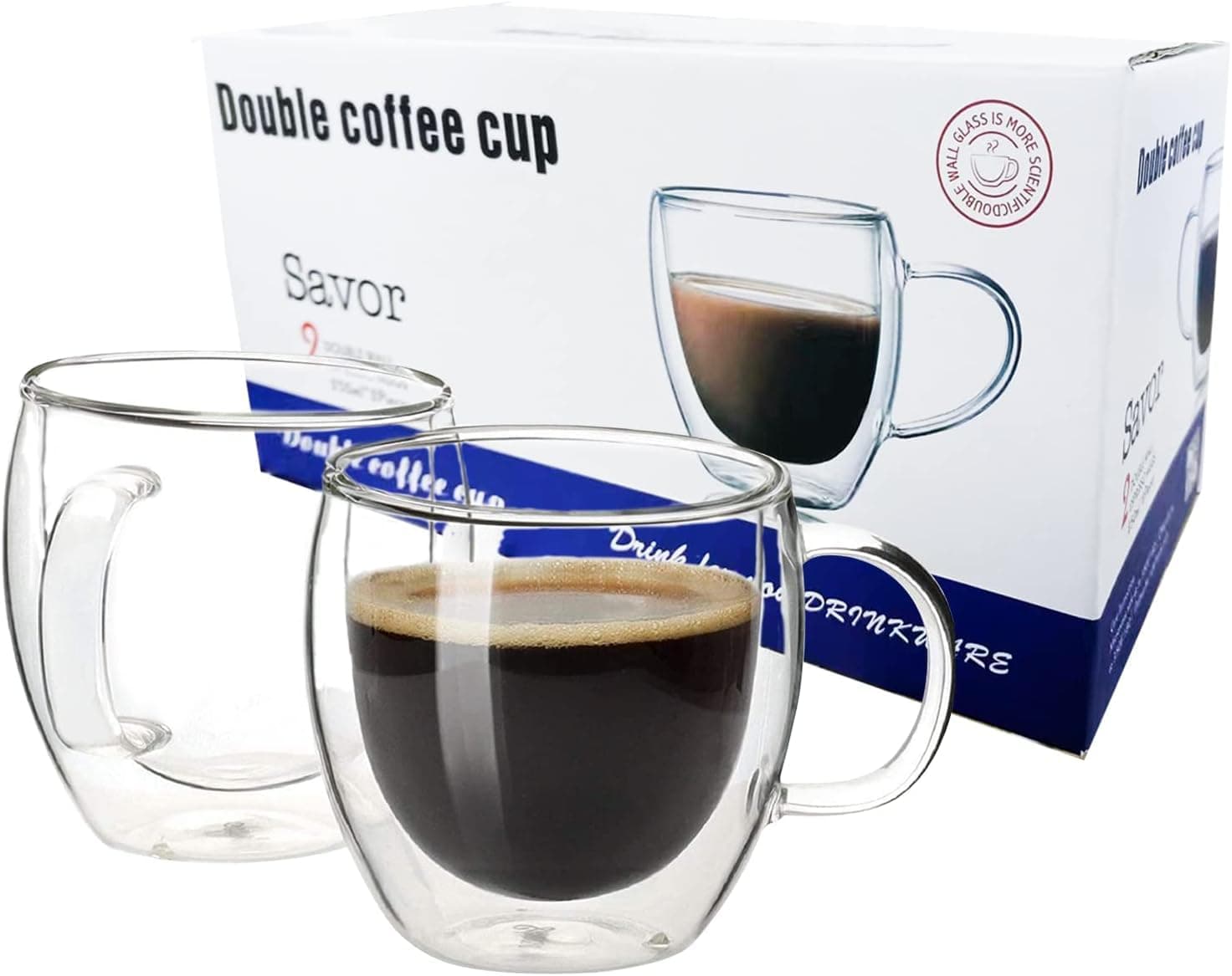 2-Pack Double Walled Glass Coffee Mugs with Handle,Insulated Layer Coffee Cups,Clear Borosilicate Glass Mugs,Perfect for Cappuccino,Tea,Latte,Espresso,Hot Beverage,Safe (8.5oz/250ML 2pcs)