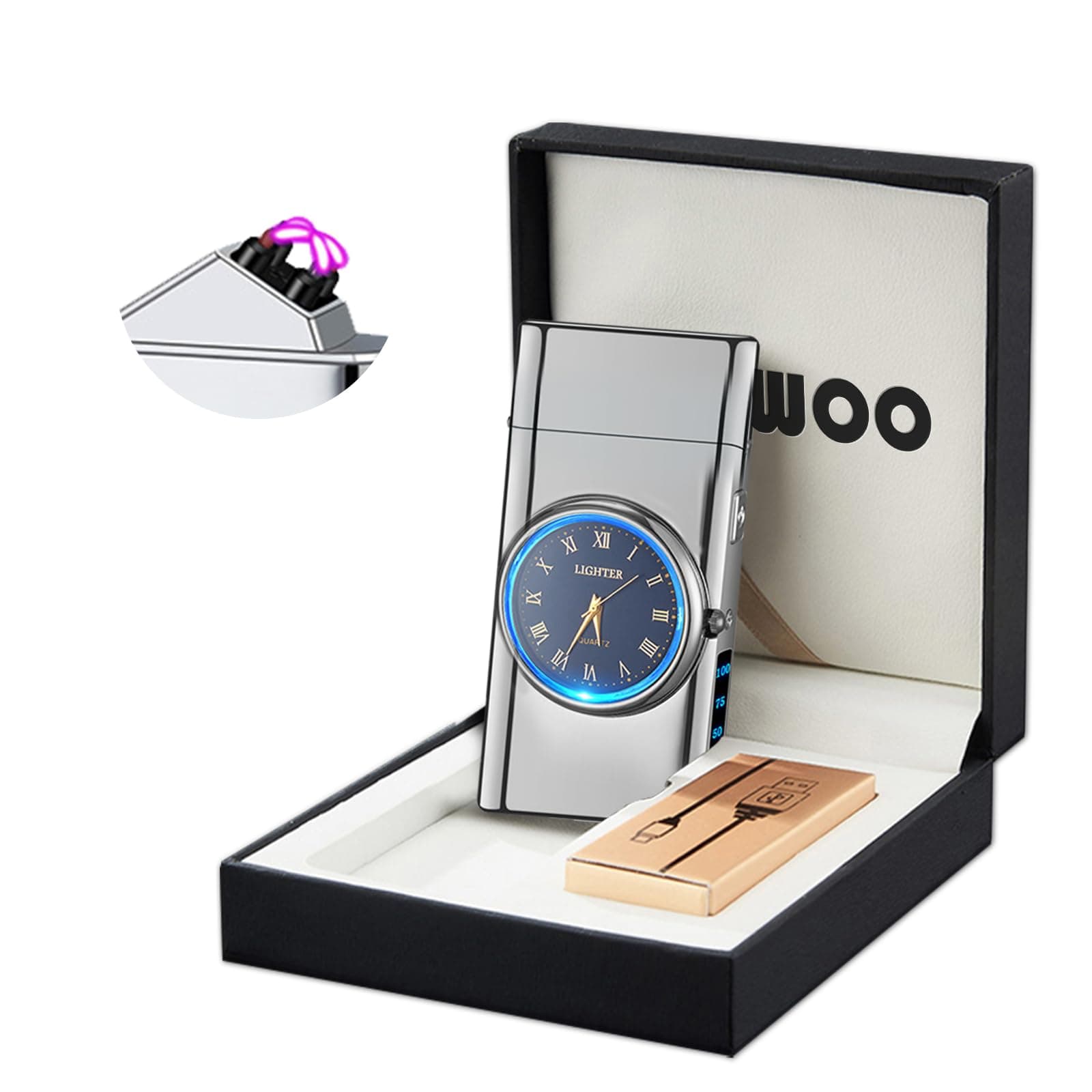 YOZWOO プラズマライター USB Type-C充電式 ダブルアーク 電子ライター クォーツ文字盤 LEDライト付き デジタル残量表示 強力防風 風防止 アウトドア対応 メンズギフト プレゼント 多機能 キーホルダー付き 収納付き 金属ボディ スタイリッシュ おしゃれ かっこいい 簡単操作 人気 全6色展開 ギフトボックス対応 刻印可能 (シルバー)