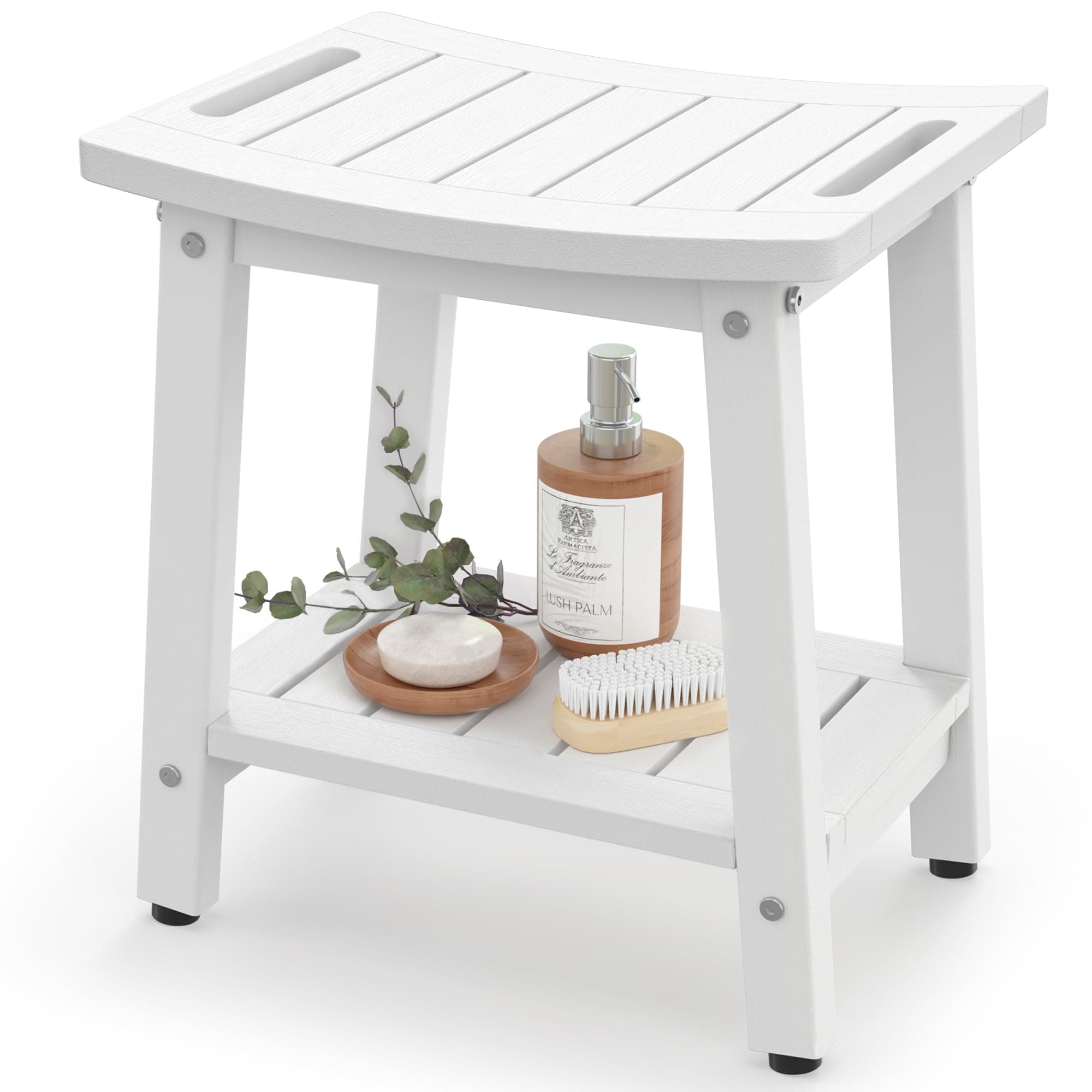 Shower Bench for Inside Shower - White HDPE Shower Stool Waterproof - Spa Bathroom Seat Chair with Handle, Storage Shelf, Adjustable Feet - Indoor/Outdoor, Weather Resistant