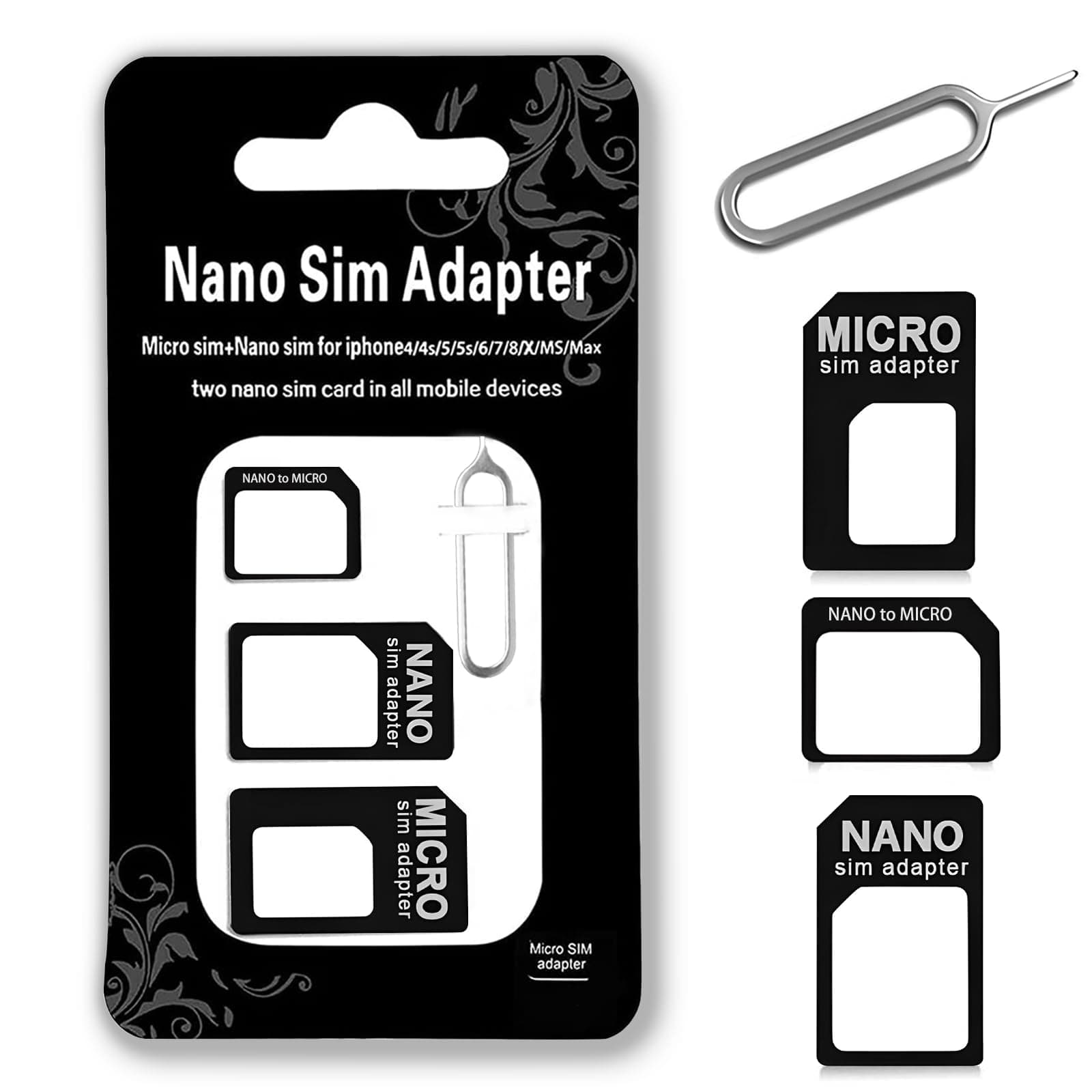 4 in 1 Sim Card Adapter Kit, Nano Micro Standard SIM Converter Kit, Restoring SIM Card Holder with SIM Ejector Pin for Old Model Mobile Phone