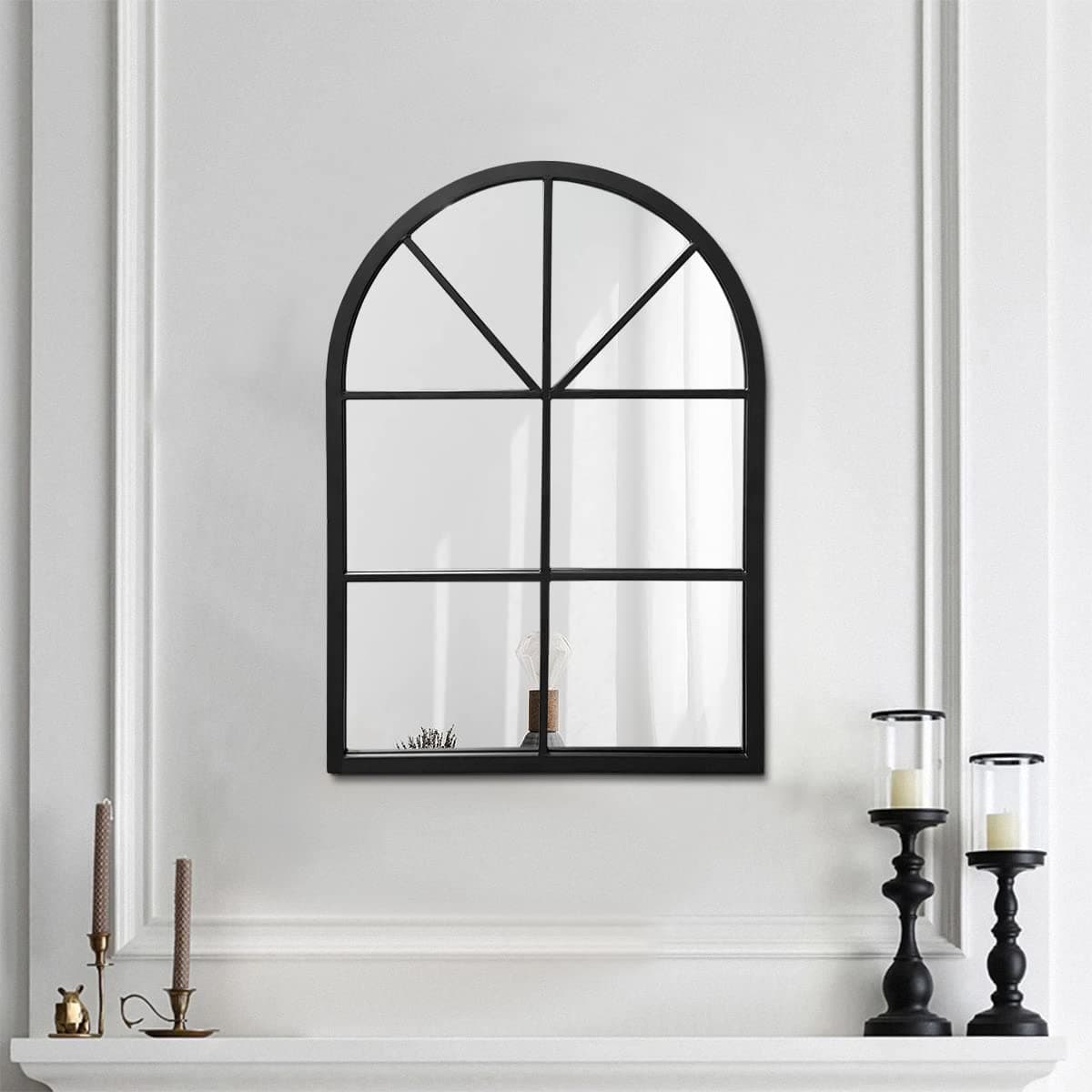 TinyTimes20" x 28" Arched Wall Mirror, Windowpane Mirror, Vanity Mirror, Metal Framed, Arched-Top, Farmhouse Mirror, Rustic Decorative Mirror - Black