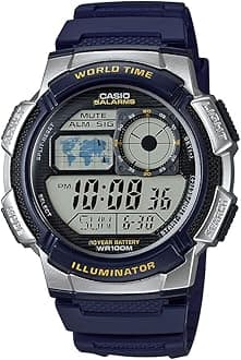 AE1000W Series | Men’s Digital Watch | 100M WR | Multi Alarms | 100 SEC Stopwatch | Countdown Timer | World Map for World Time | LED Light | LC Analog Display | 10 Year Battery