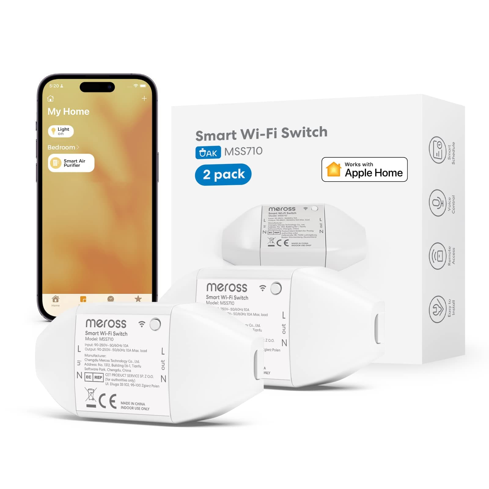 Meross WLAN Switch Works with Apple HomeKit, Smart Switch Remote Control with Siri Alexa, Google Assistant, SmartThings, DIY Smart for Electric Household Appliances, 2 Pack