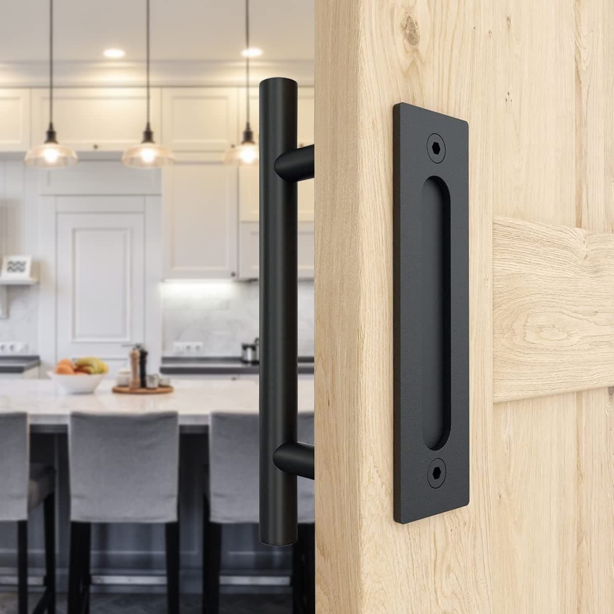 MasrooHeavy Duty 30cm Pull and Flush Barn Door Handle Set, Large Rustic Two-Side Design, for Gates Garages Sheds Furniture, Black Powder Coated Finish, Round