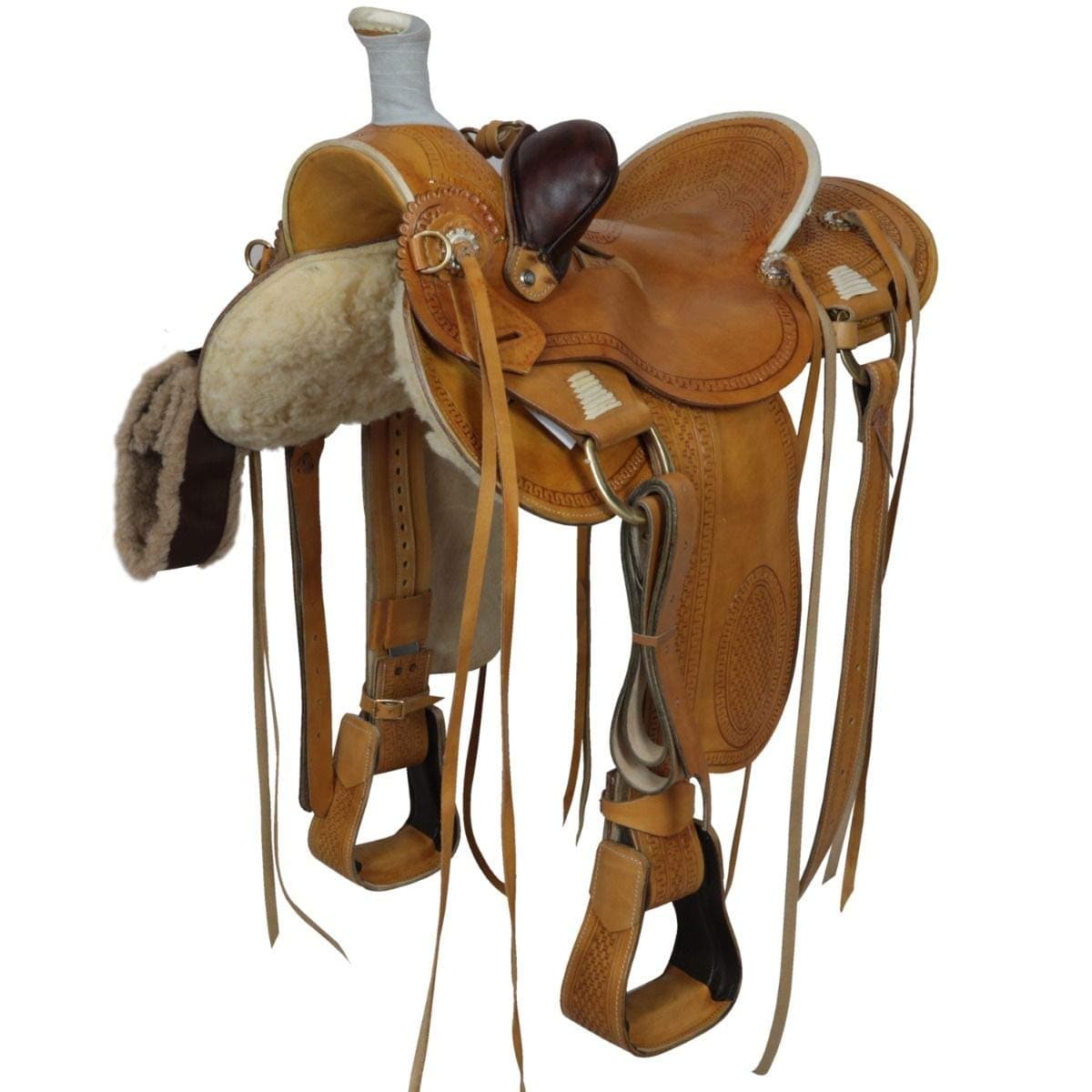 Manaal Enterprises Wade Tree A Fork Premium Western Leather Roping Ranch Work Horse Saddle Tack, Get Leather Headstall, Breast Collar & Reins Size 14" to 18" Inches Seat Available (15.5" Inches Seat)