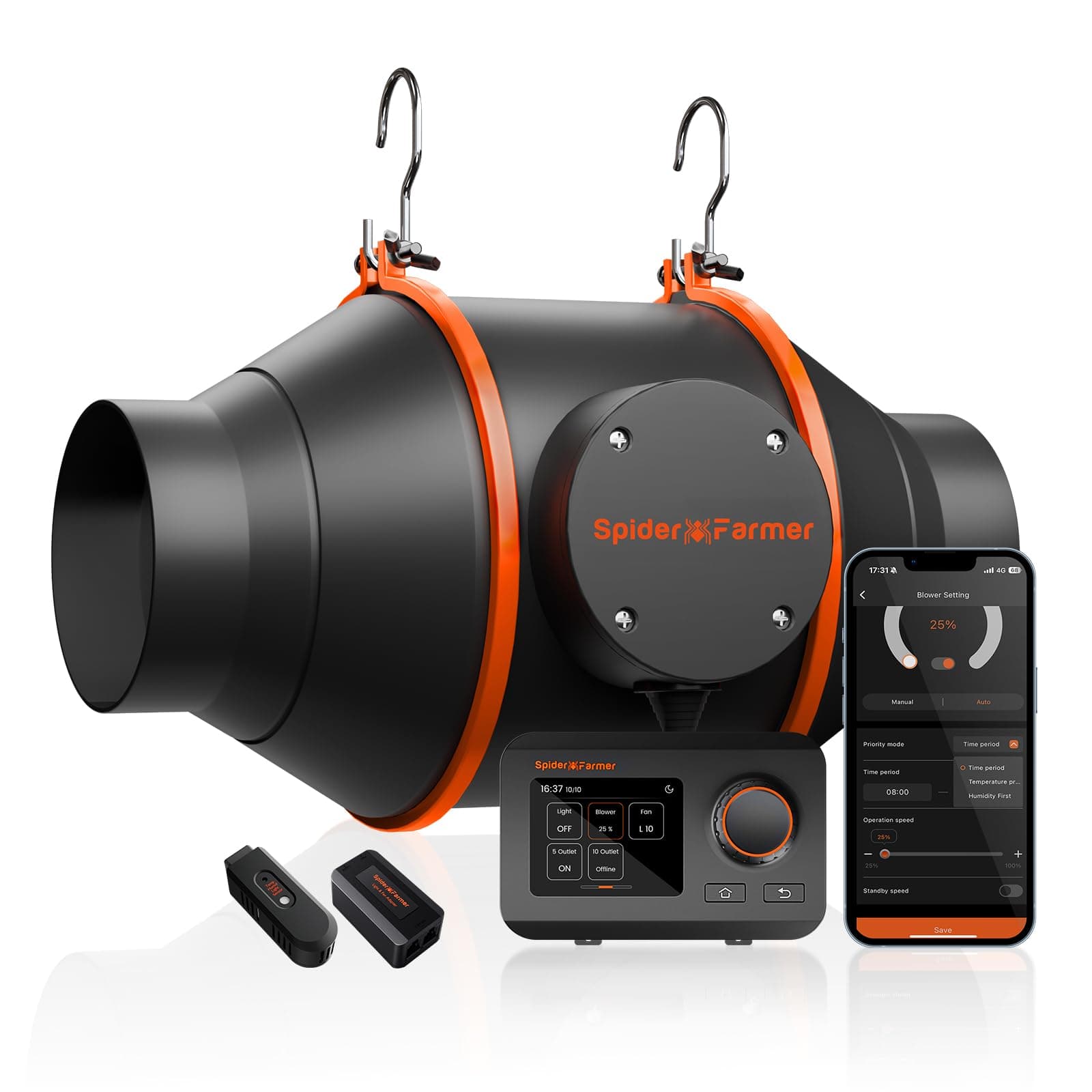 Spider Farmer 4" Smart Inline Duct Fan with GGS Temperature Humidity Controller WiFi Integrated App Control 205CFM Ventilation Exhaust Fan for Heating Cooling Booster Growing Tent for Hydroponics