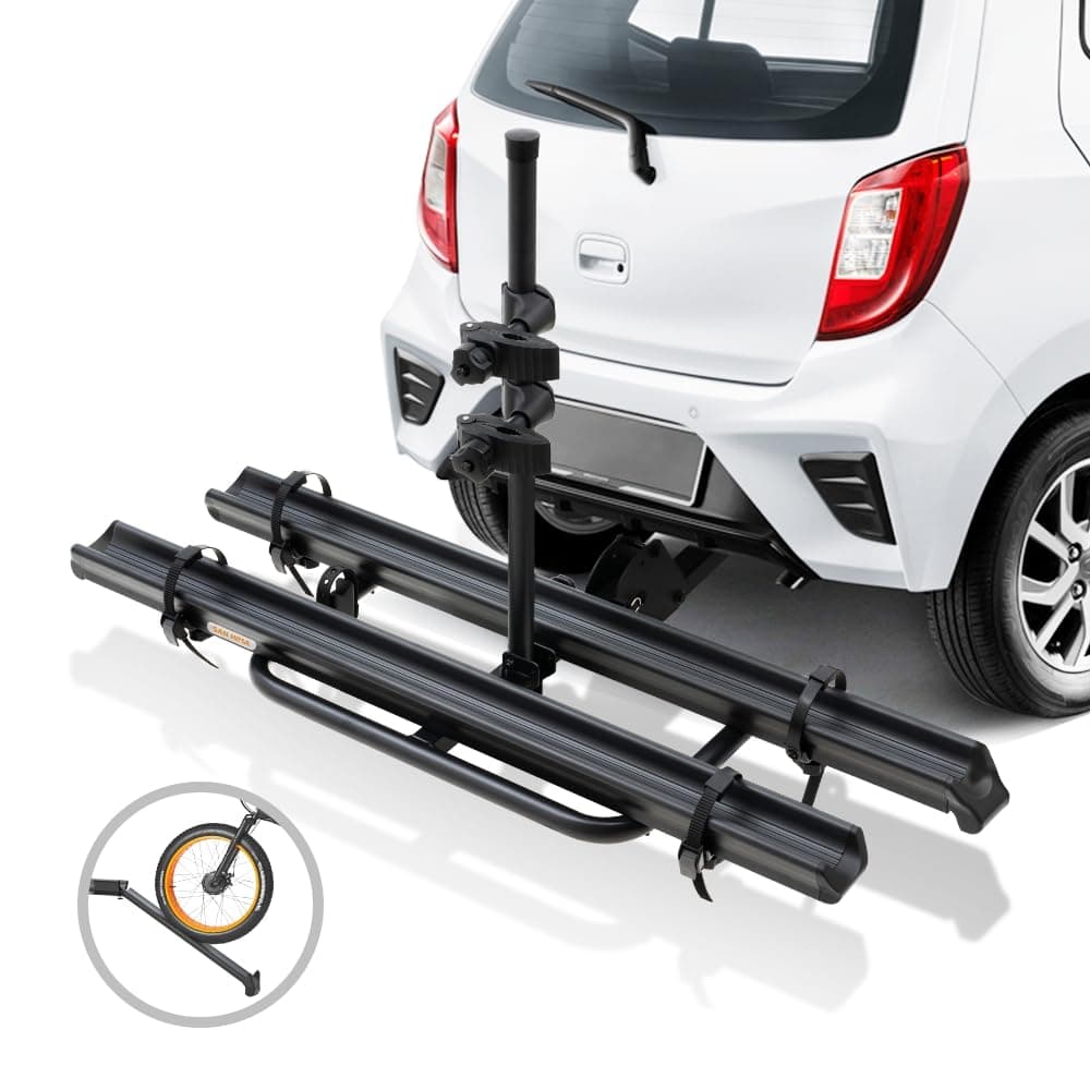 SAN HIMA Hitch Mounted eBike Rack 2-E Bike Platform - Tray Style Folding Ebike Carrier with Ramp Tire Tie Down Strap Foldable for 2-inch Hitch