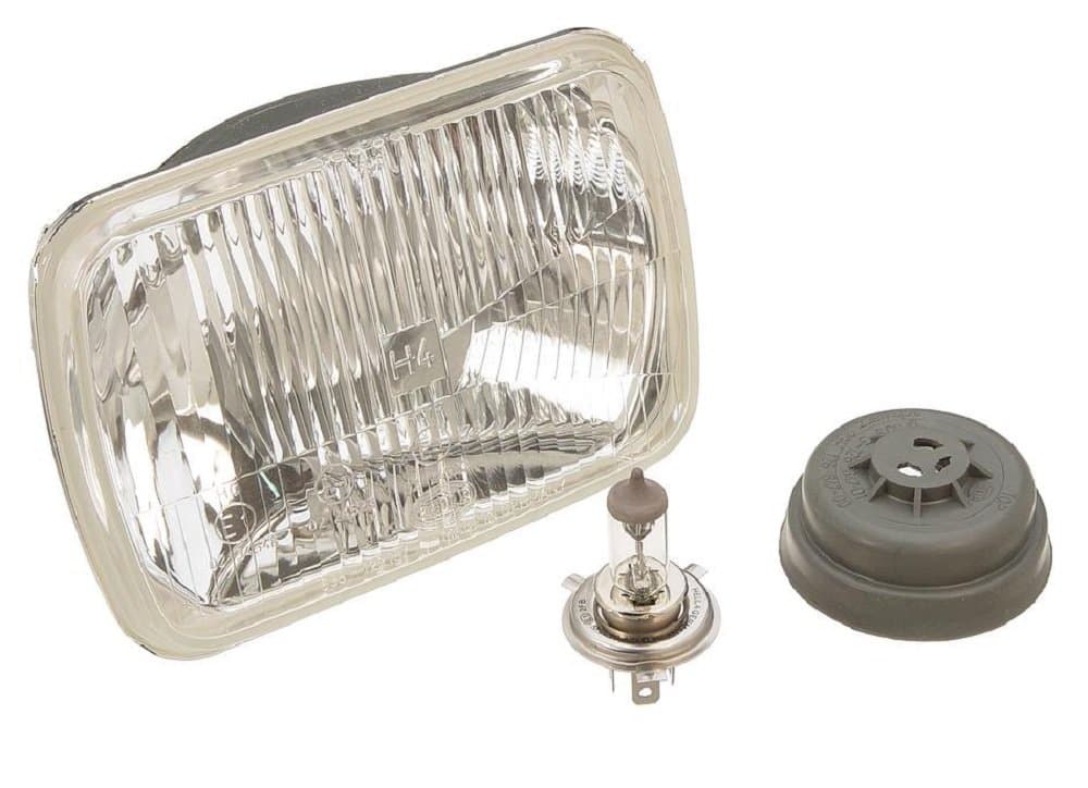 Hella 200mm Rectangular E Code H4 Halogen Replacement Headlight Kit with Standard 60/55W H4 Bulbs