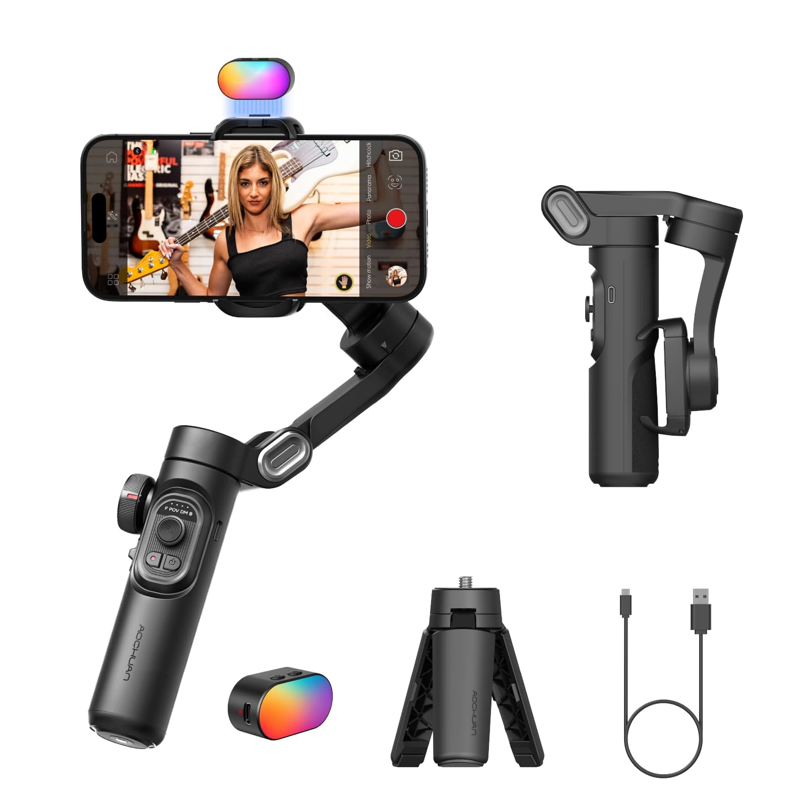 Smartphone Gimbal 3-Axis Stabilizer for iPhone & Android, Magnetic Fill Light,Smooth Video Recording, Foldable Portable 3-Axis Gimble for Smartphone-AOCHUAN Smart XE Kit
