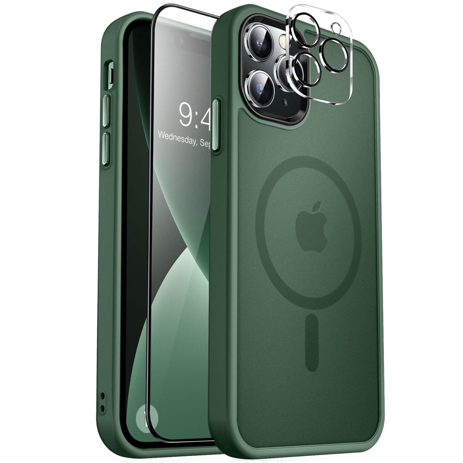 MOCCA Strong Magnetic for iPhone 13 Pro Max Case,[Compatible with Magsafe][Glass Screen Protector+Camera Lens Protector] Slim Thin Shockproof Cover Phone Case for iPhone 13 Pro Max 6.7",Midnight Green