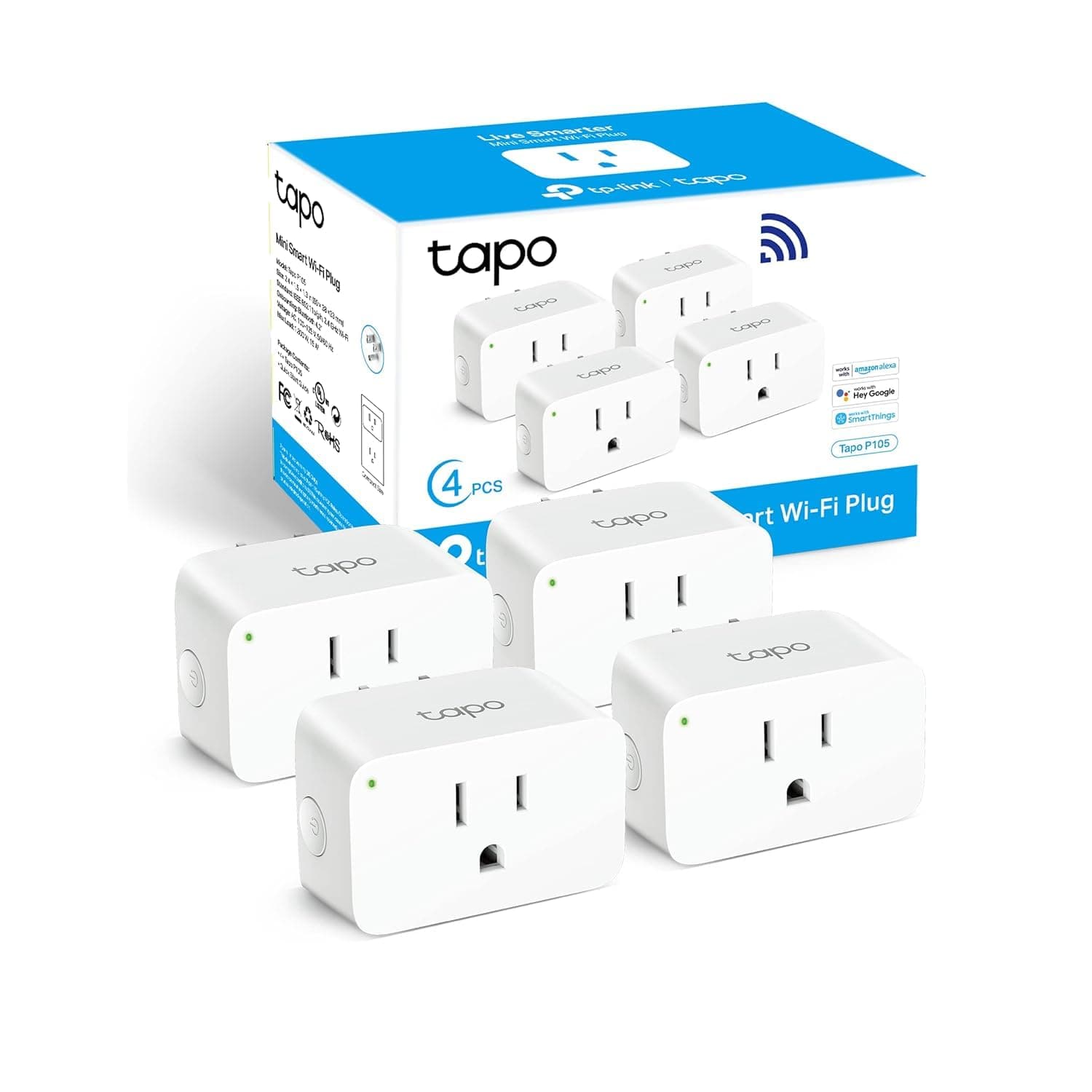 Tapo TP-Link Smart Plug Mini 15A, Smart Home Wi-Fi Plug, Super Easy Setup, Compatible with Alexa & Google Home, No Hub Required, UL Certified, 2.4G WiFi Only, White, P105(4-Pack)