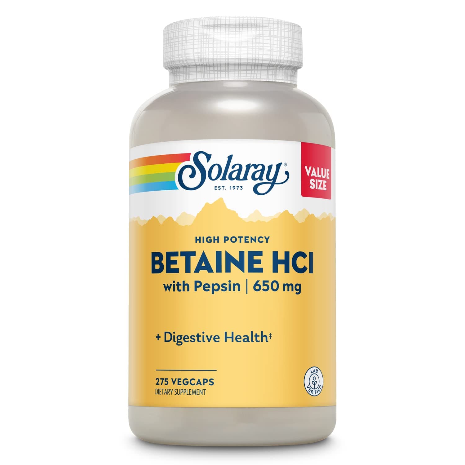 Solaray High Potency Betaine HCL with Pepsin - Hydrochloric Acid Supplement for Digestive Health - with Betaine Hydrochloride and Digestive Enzymes - Gut Health Support - 60-Day Guarantee, 275 VegCaps
