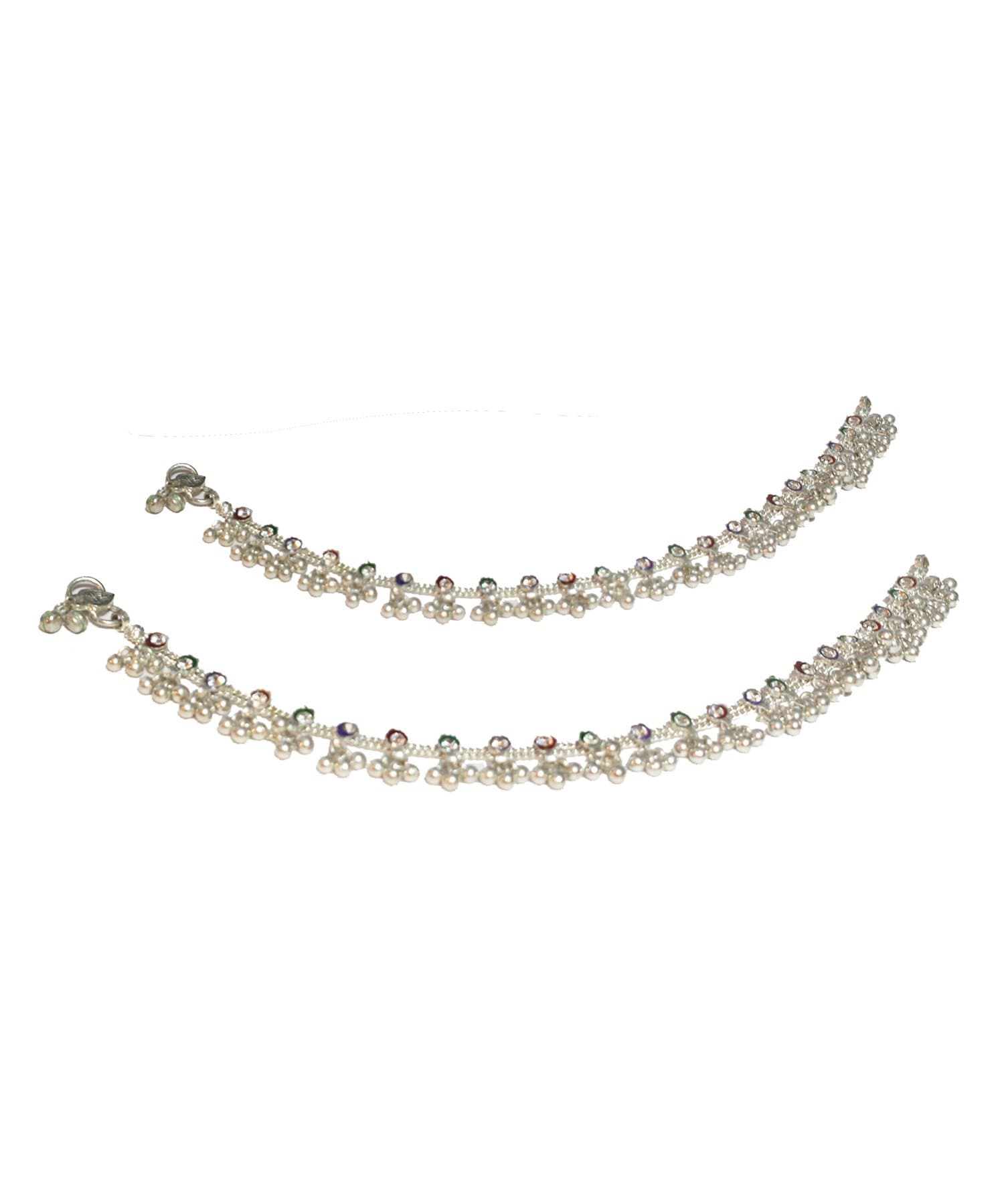 Silver Chain Multicolor Ghungroo Drop Designer 2piece Anklet Set TA56