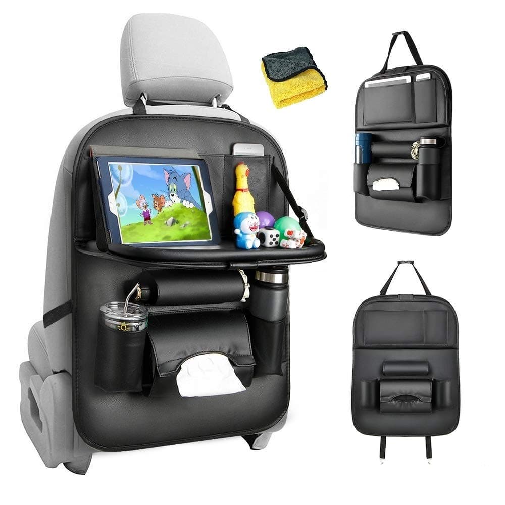 PU Leather Car Seat Back Organizer, HE-TOP 1 Pack Waterproof Kick Mats Car Tray Table for Kids Multi-Pocket Travel Car Storage With Touch Screen iPad and Foldable Dining Table Holder