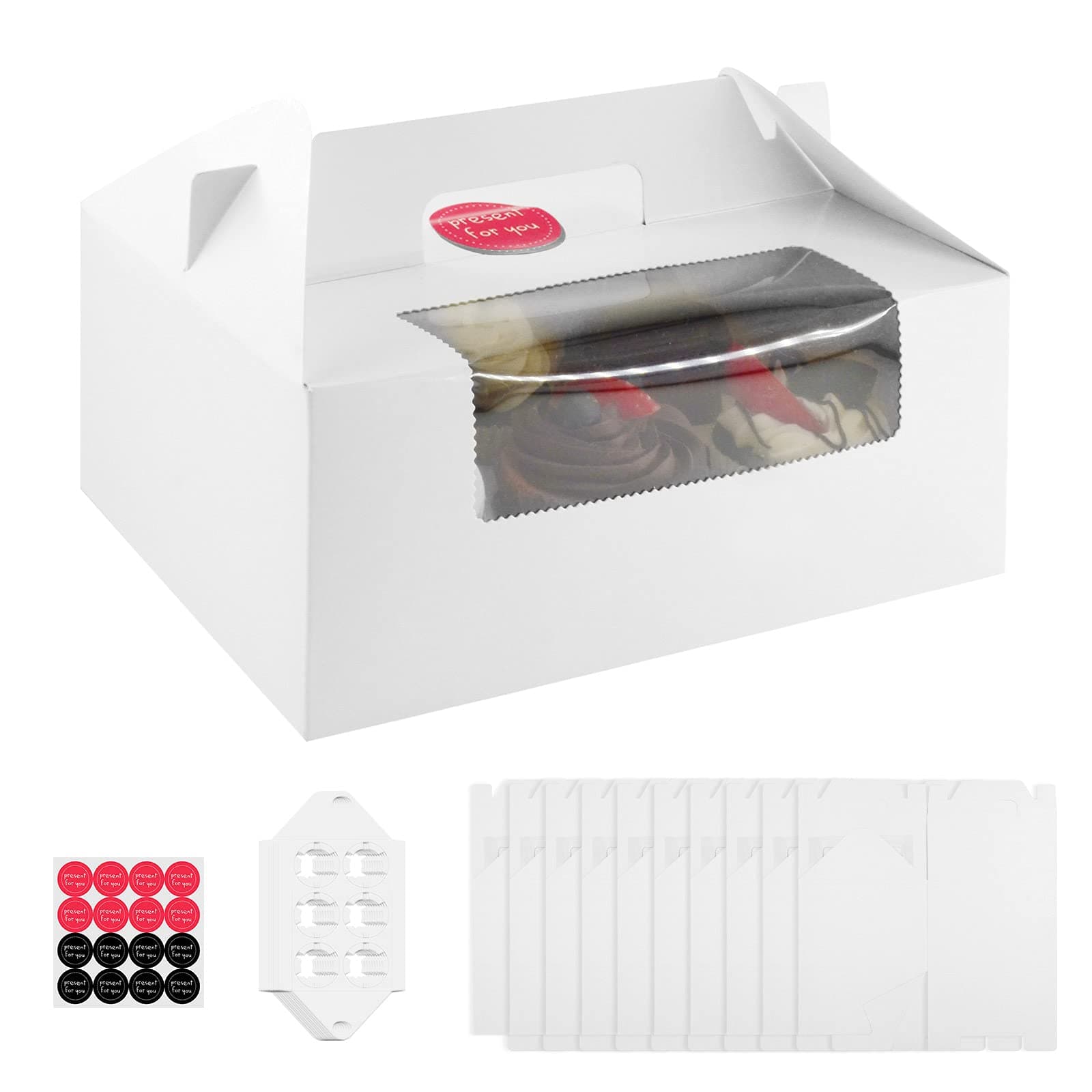 10 Pcs Cupcake Boxes, 6 Holes Portable Cupcake Box with Window, Insert, and Stickers, Tray Bake Boxes for Cakes, Cupcakes, Dessert, Pastries, Cookies(White)…