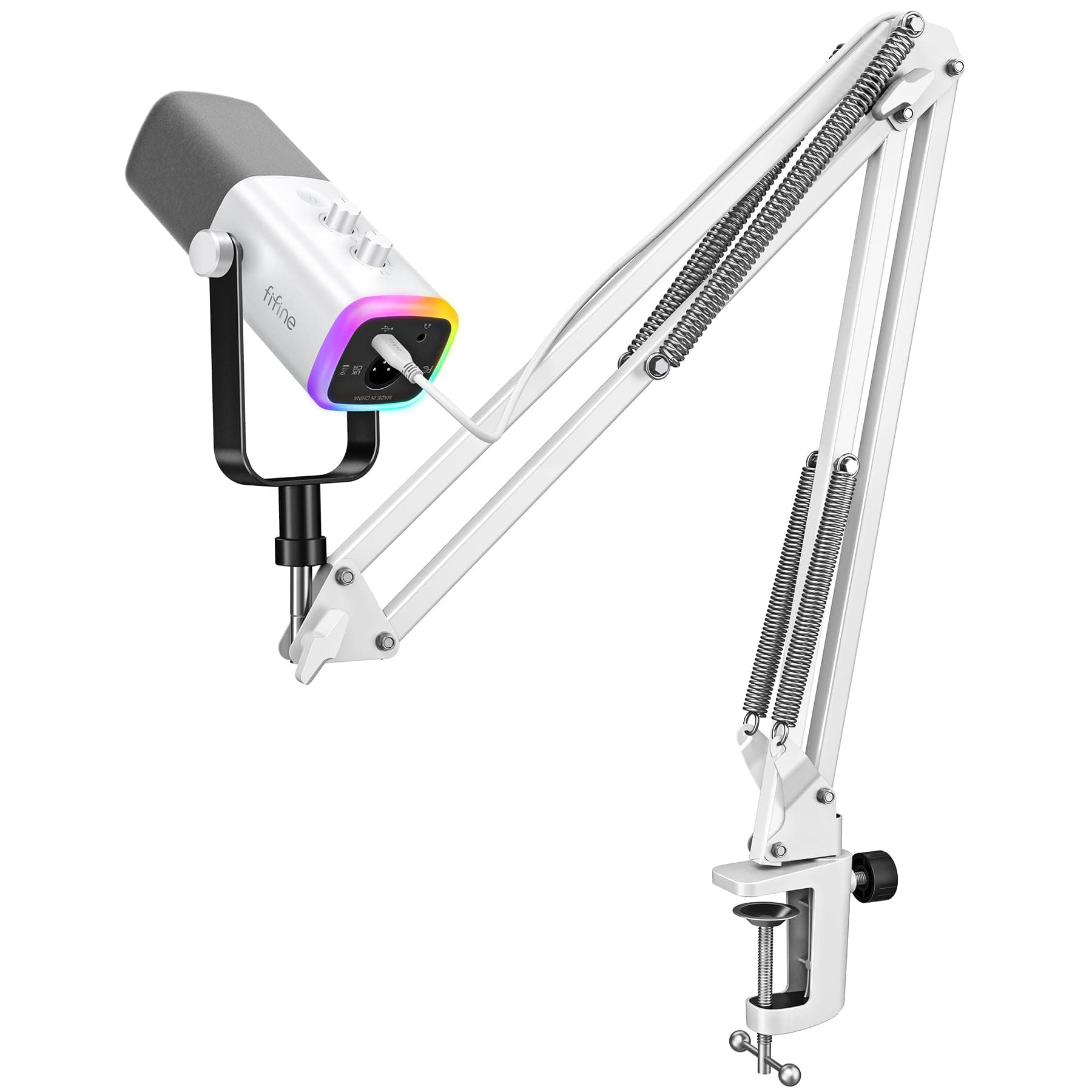 FIFINE Gaming XLR/USB Microphone Kit, Streaming Dynamic Mic Set for PC, Computer Mic for Vocal Podcast Recording Voiceover, with Headphones Jack, Gain Knob, Arm Stand-AmpliGame AM8T White