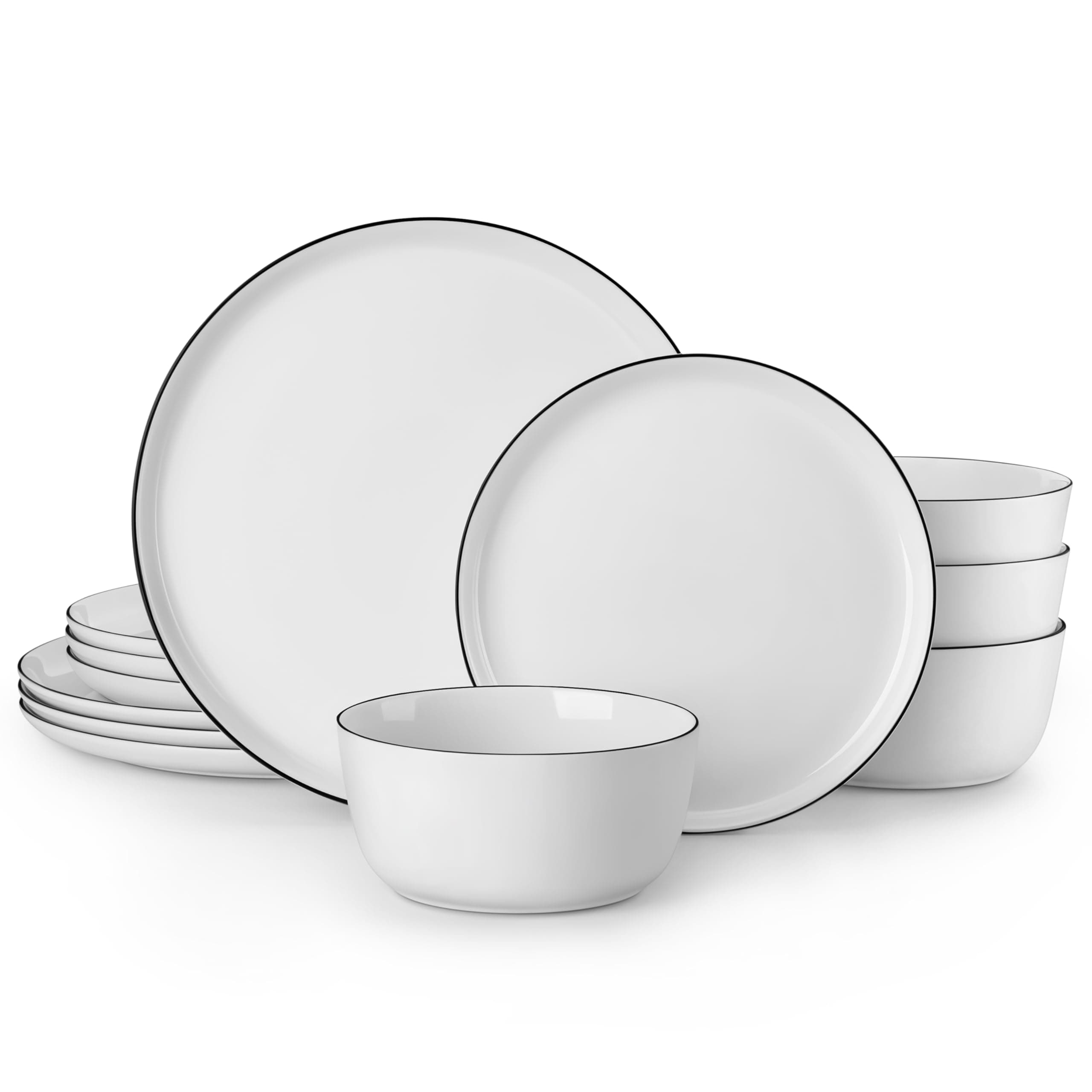 MALACASA 12 Piece Dinner Sets for 6 People, White and Black Rim Porcelain Crockery Set with Plates and Bowls, Premium Ceramic Dinnerware Sets, Microwave and Dishwasher Safe, Lexi Series