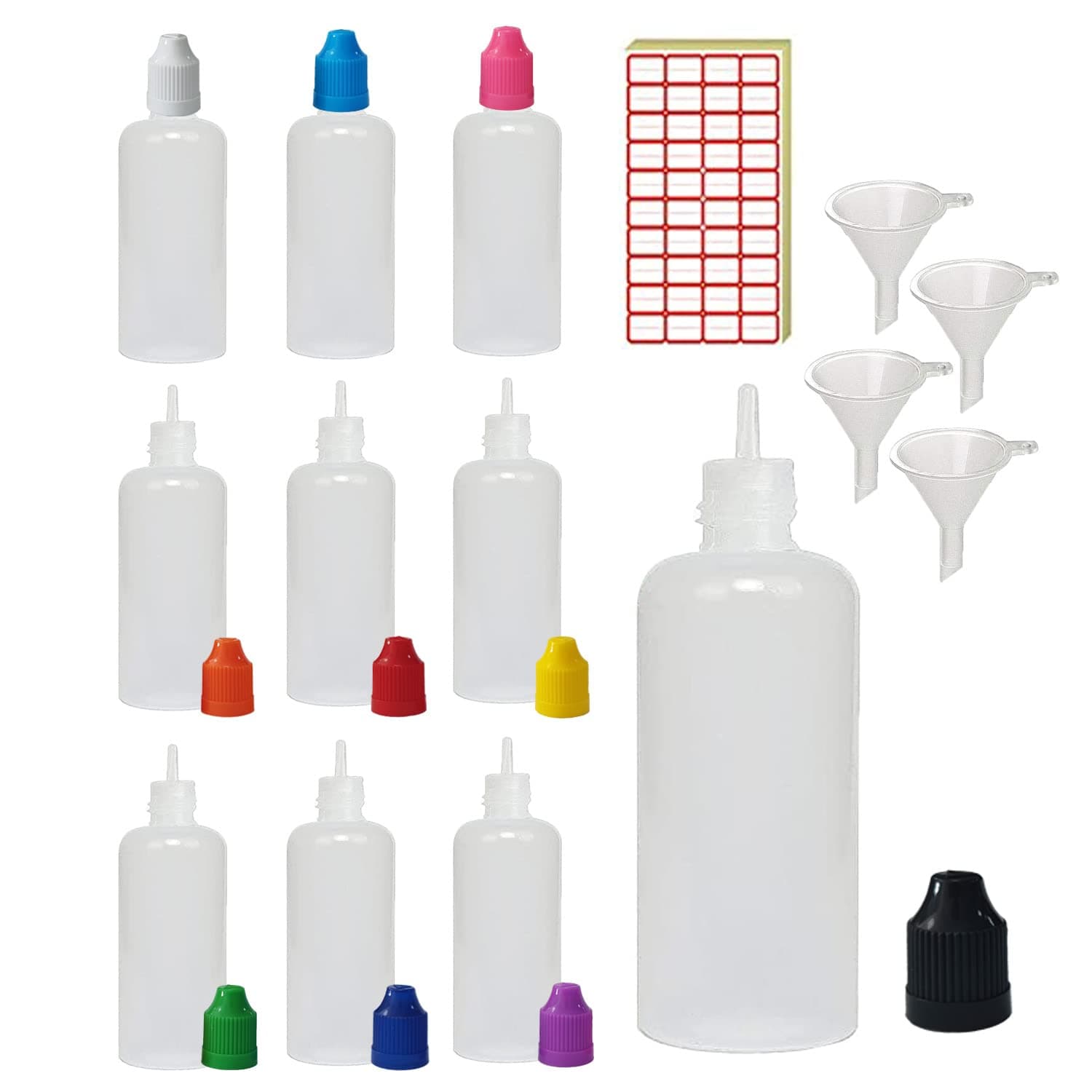 20 Pack x 100ml LDPE Plastic Liquid Water Squeezable Eye Dropper Empty Bottles (Bottles + Mixed Colour Caps + Tips + Funnel + Label)